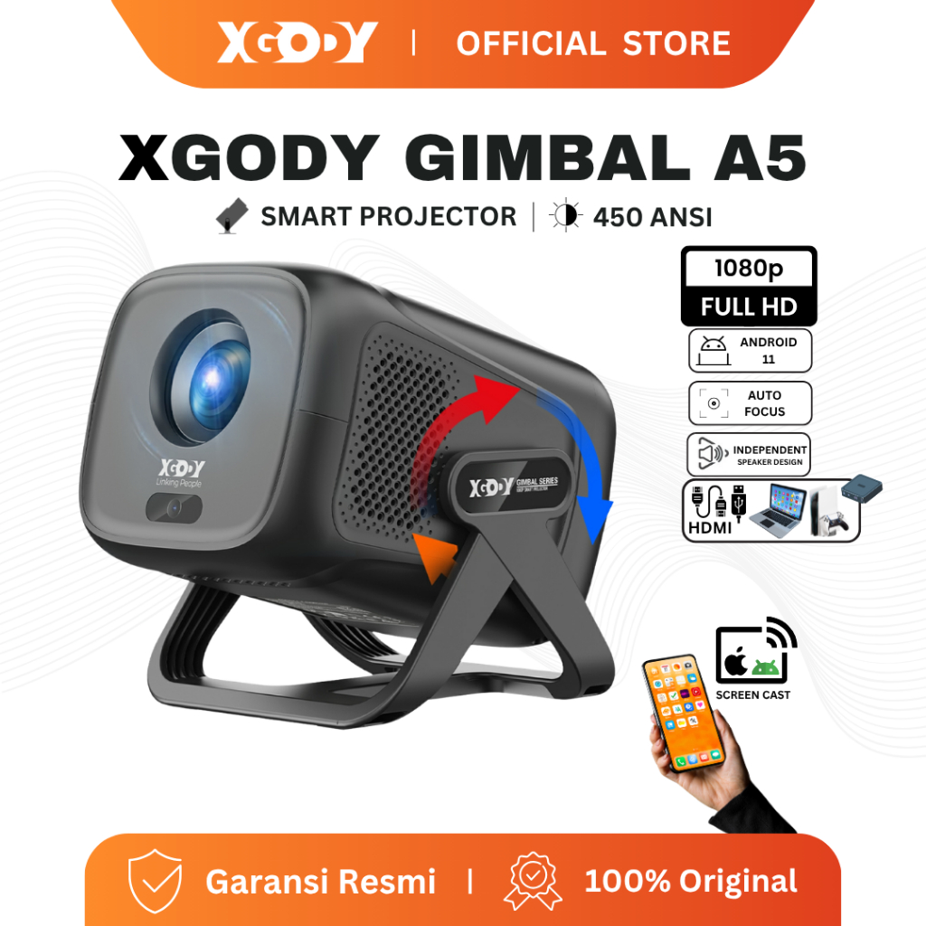 XGODY Gimbal A5 Smart Proyektor LCD - Android 14 -FHD 1080P - MirrorLink - Auto Keystone - 450ANSI