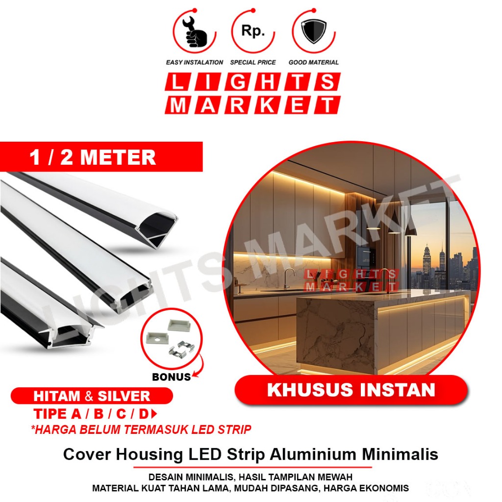 Profil Aluminium LED Strip 1M 2M Cover Diffuser Housing Lampu Minimalis