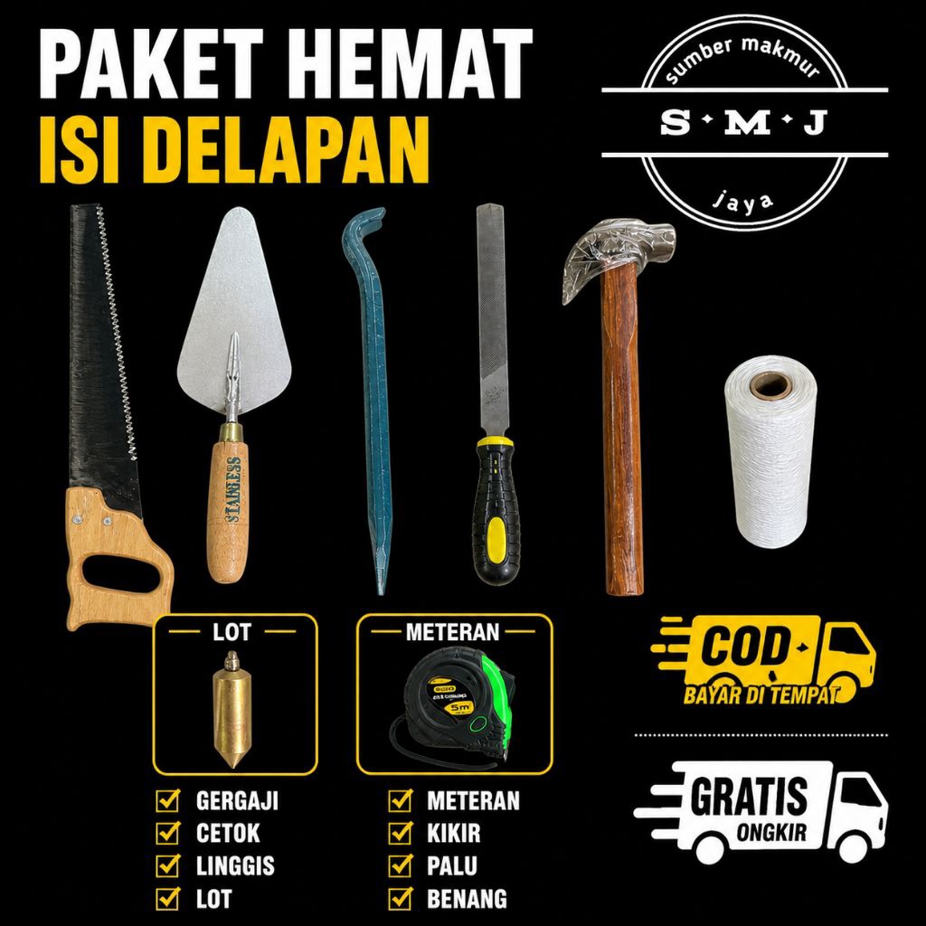 Paket Lengkap Alat Pertukangan isi 8 Pcs - Gergaji Kayu -Palu - Linggis -Kikir -Meteran -Cetok Semen