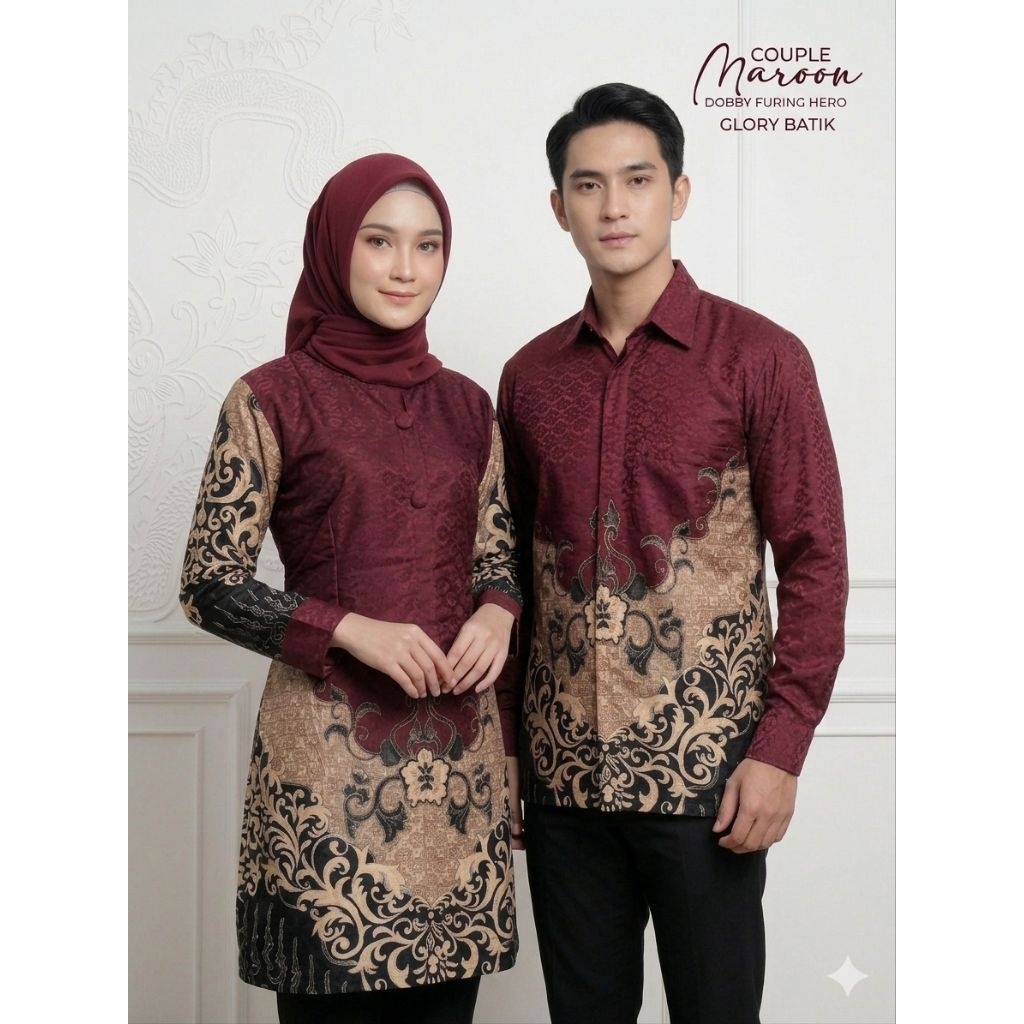 Couple Batik Maroon Pria Wanita Dobby Furing Premium | Atasan Batik Pria Wanita | Kemeja Batik Pria 