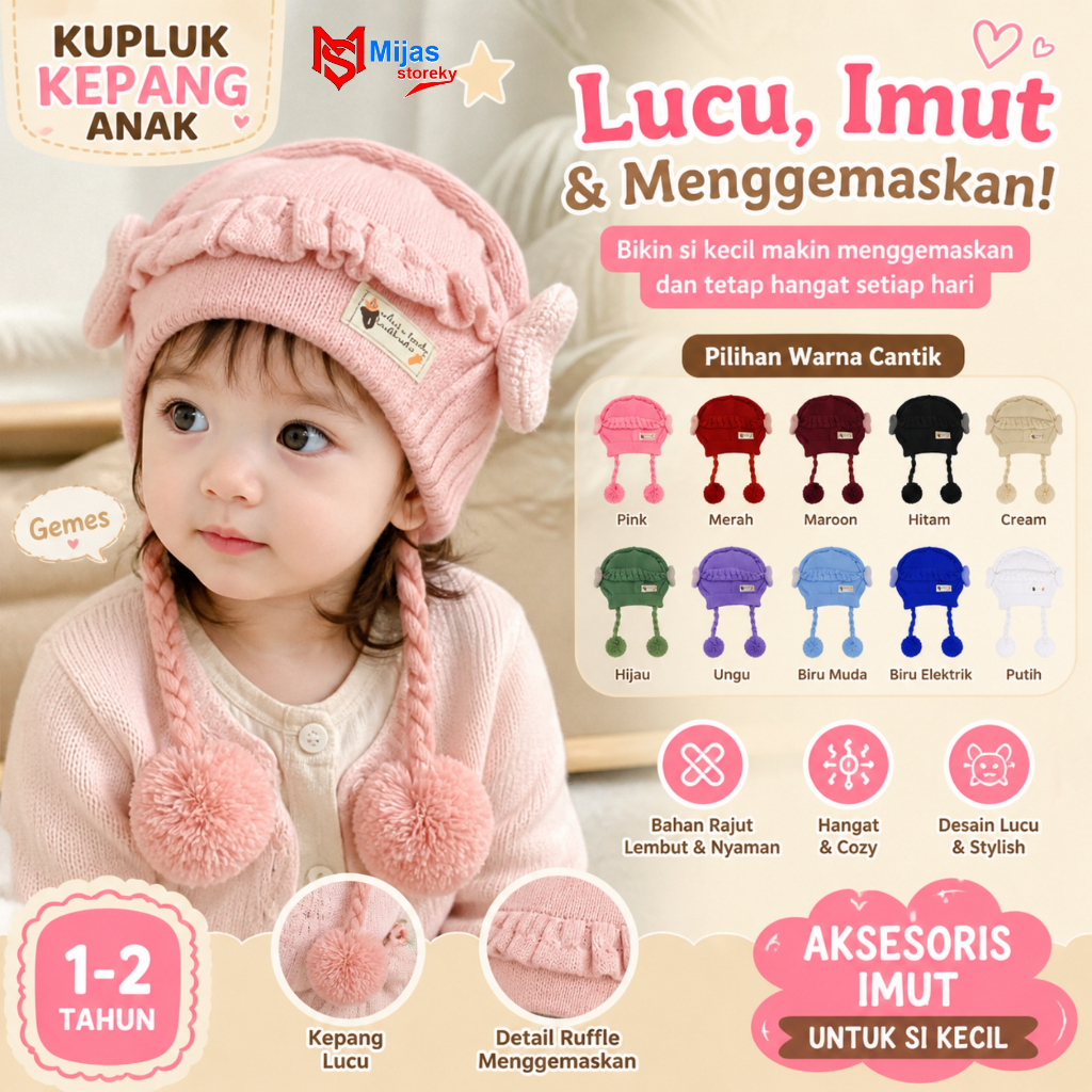 Kupluk Pompom Jambul 2 //kuplukAnak Request Nama Suka-Suka//Topi Rajut Bayi// Topi Rajut Pompom//Kup