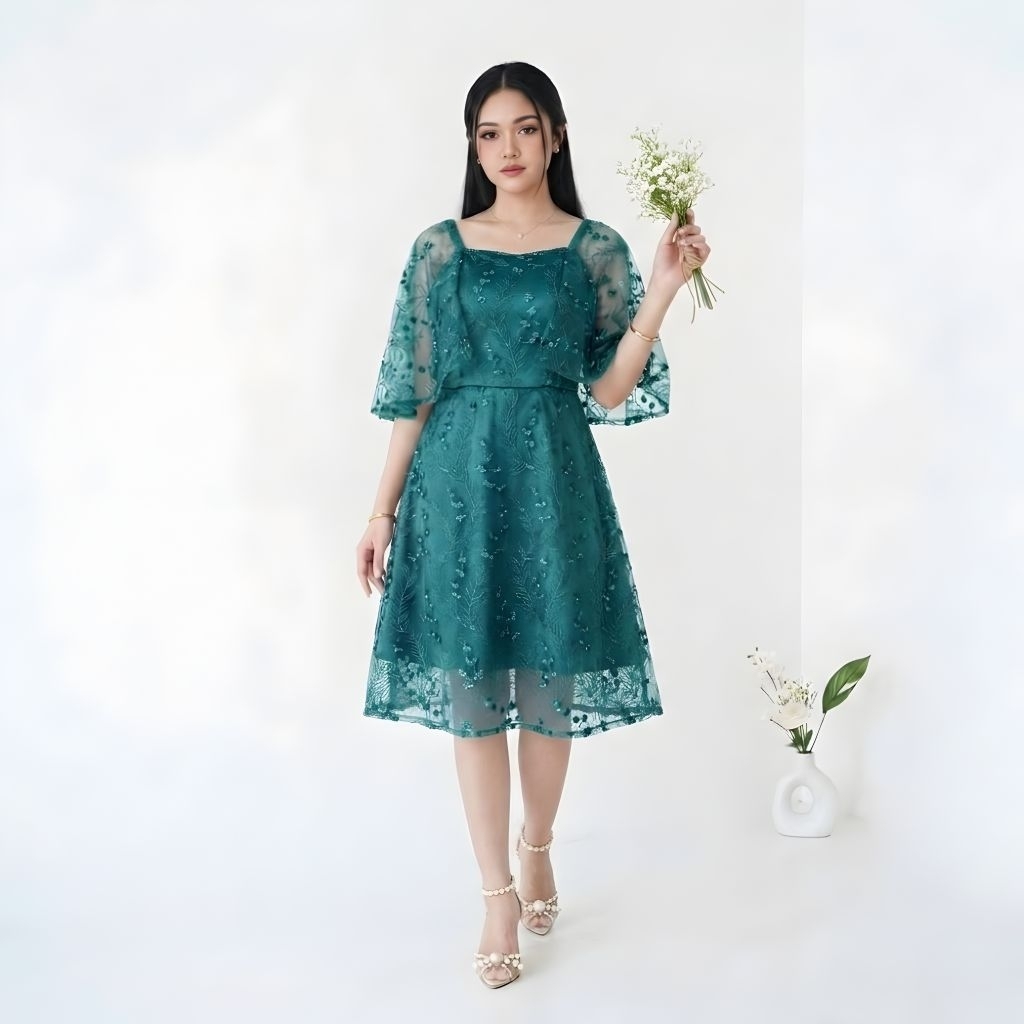 Dress Kondangan Wanita Elegan Gaun Pesta Tulle Bordir Mewah Dress Midi Brokat Modis Alazya Rd