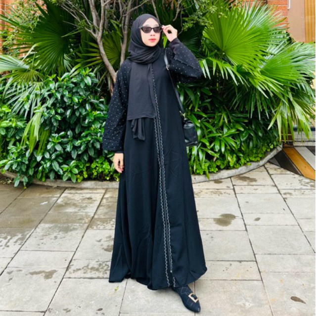 ABAYA YASMIN ~ Abaya Jetblack Hitam / GRATIS BELT / Hitam Pekat Premium Full Sleting Gamis Outer Sya