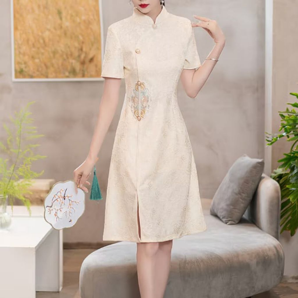 [NEW] Ivory Gold Modern Qipao Satin Midi Dress Gaun Wanita Formal Semiformal (+admin)