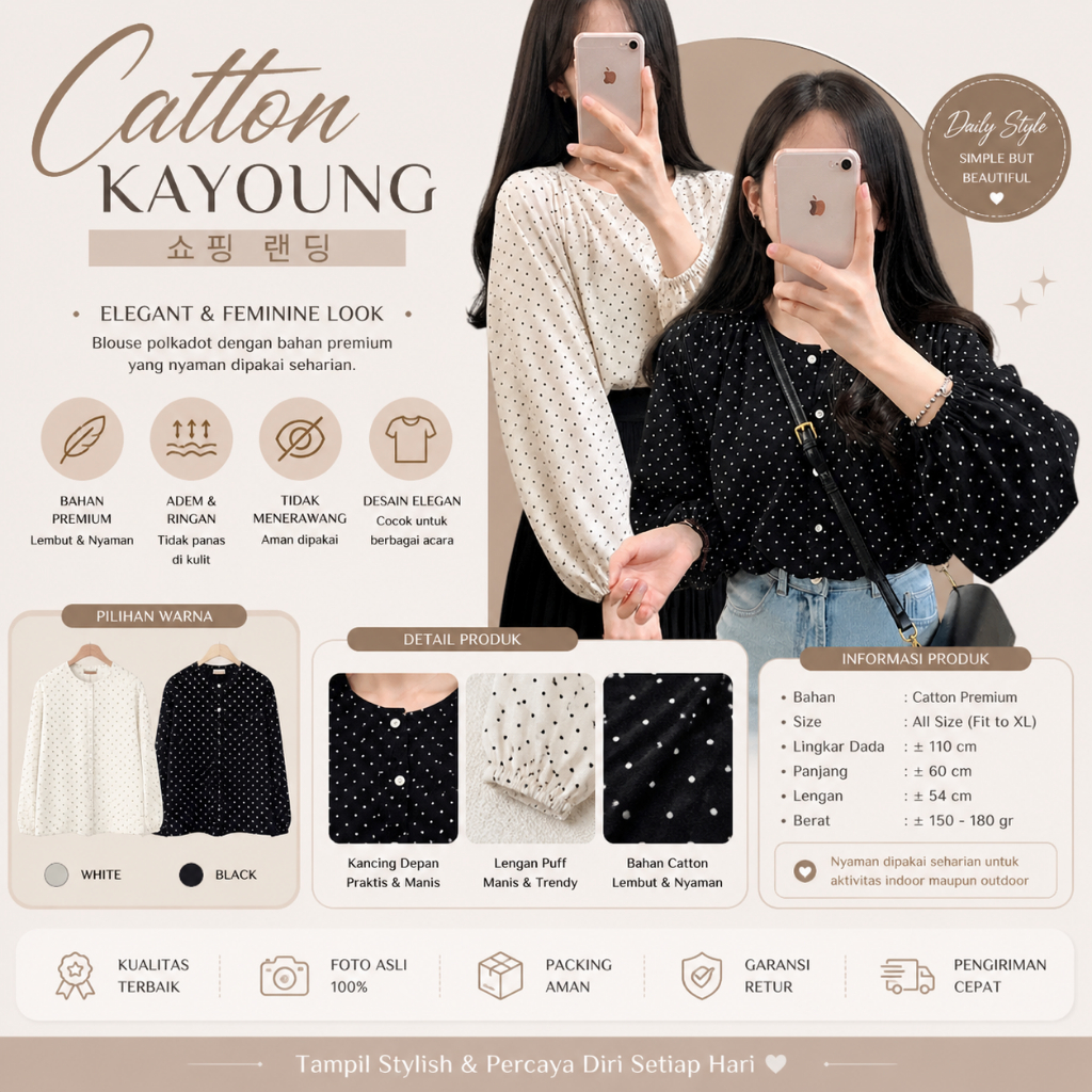 Kayoung Blouse Wanita Polkadot Korea Kekinian Elegan Murah