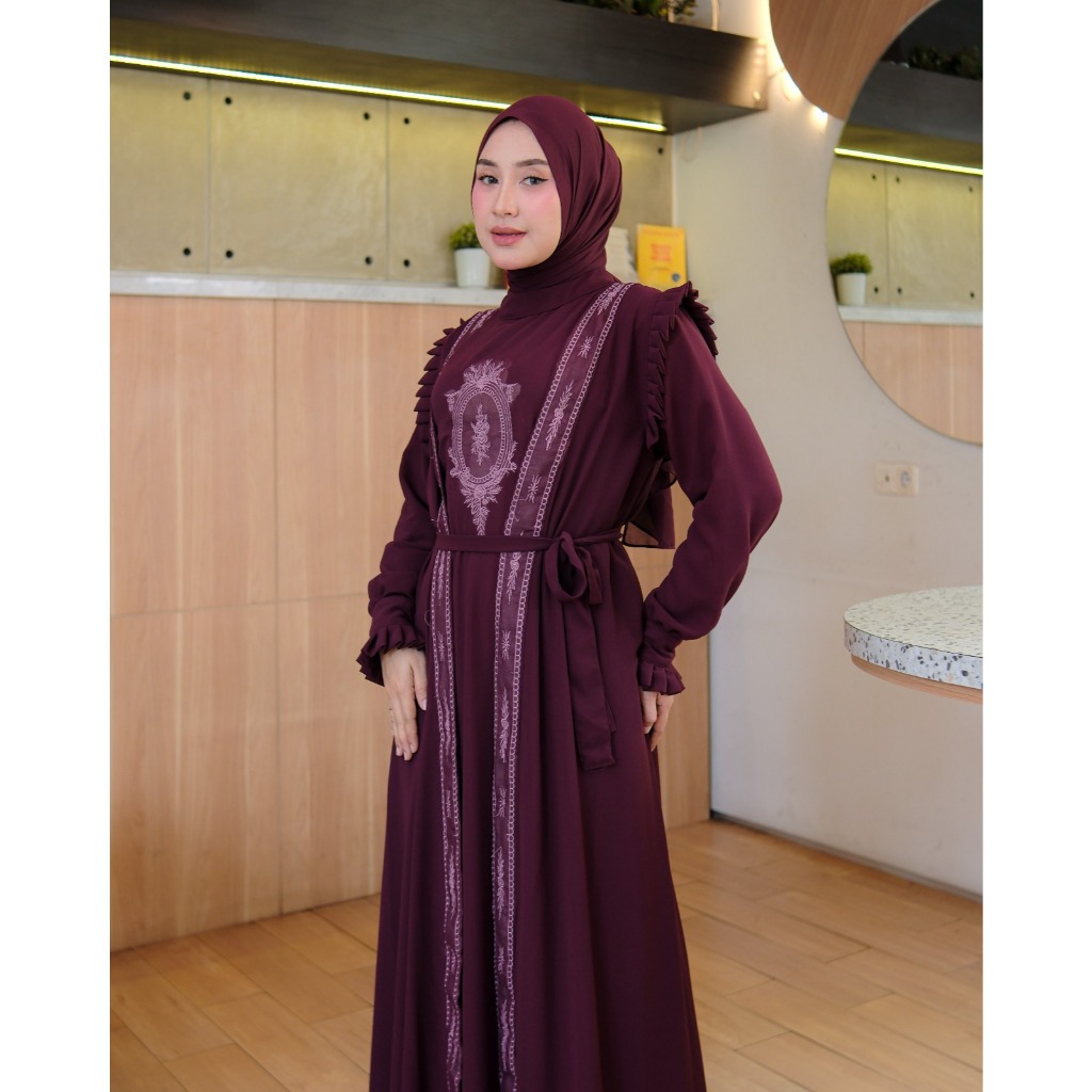 Mahira Two-Piece Abaya | Ceruty Babydoll Outer Terpisah Bordir Elegant Baju Muslim Wanita Syari Keki
