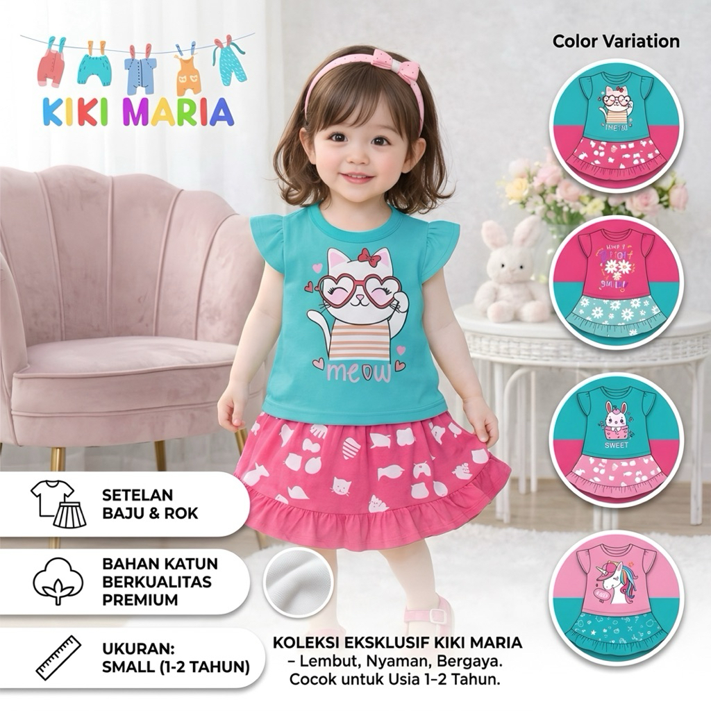 (COD) KIKIMARIA KIDS - SETELAN ANAK PEREMPUAN KATUN ASLI / ROK CELANA BRANDED / BAJU BAYI PEREMPUAN 