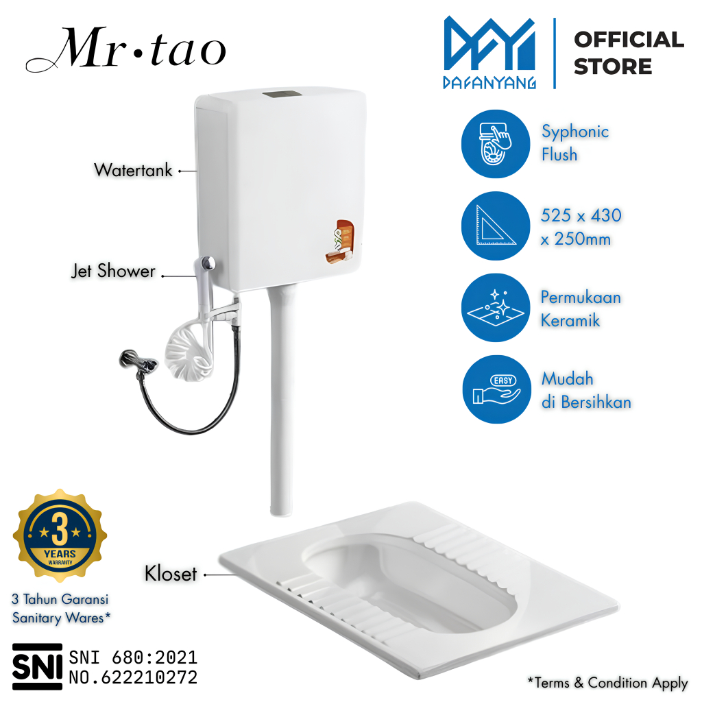 DAFANYANG - Kloset Jongkok Flush Mr.Tao Tanpa Penutup SNI 1Set 506 + 815 Energy Saving Water Tank | 