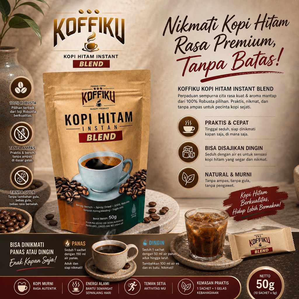KOFFIKU Blend kopi hitam instan tanpa ampas & bebas gula 50gram