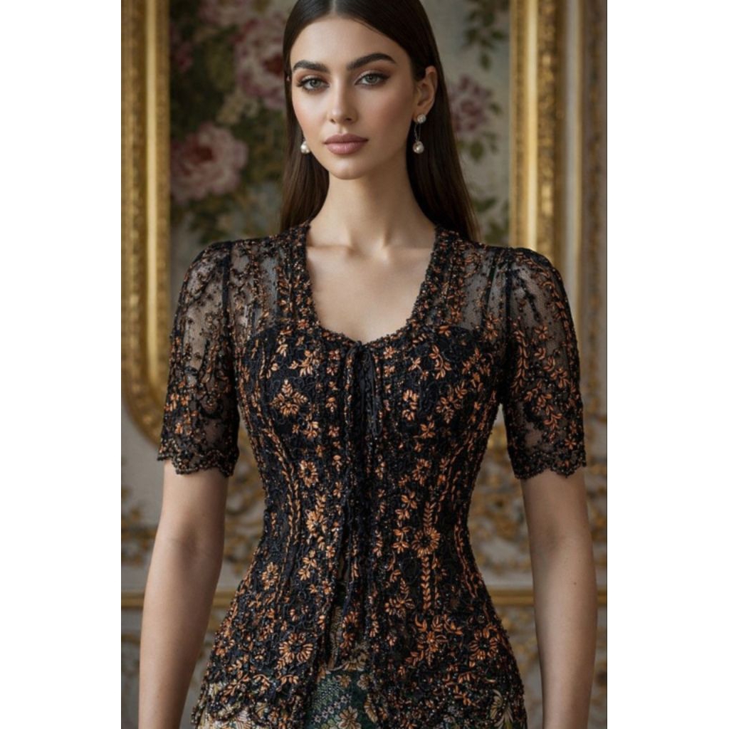 Kebaya Modern Kutubaru Lengan Pendek Warna Hitam Gold 279