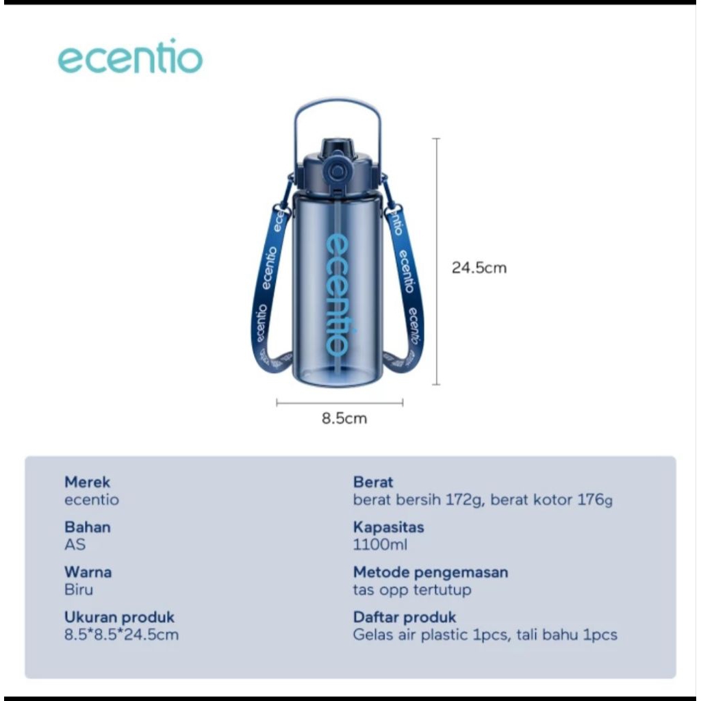 NEW Bigbeg - Ecentio Botol Minum Besar Sport 1100ml BPA Free Tali