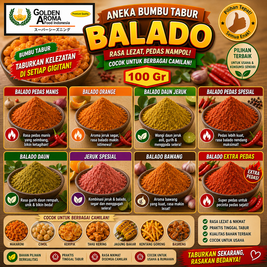 Aneka Bumbu Tabur Balado Rasa Pedas Manis, Ijo, Daun Jeruk dll 100gr Murah Bubuk Instan Makaroni Ant