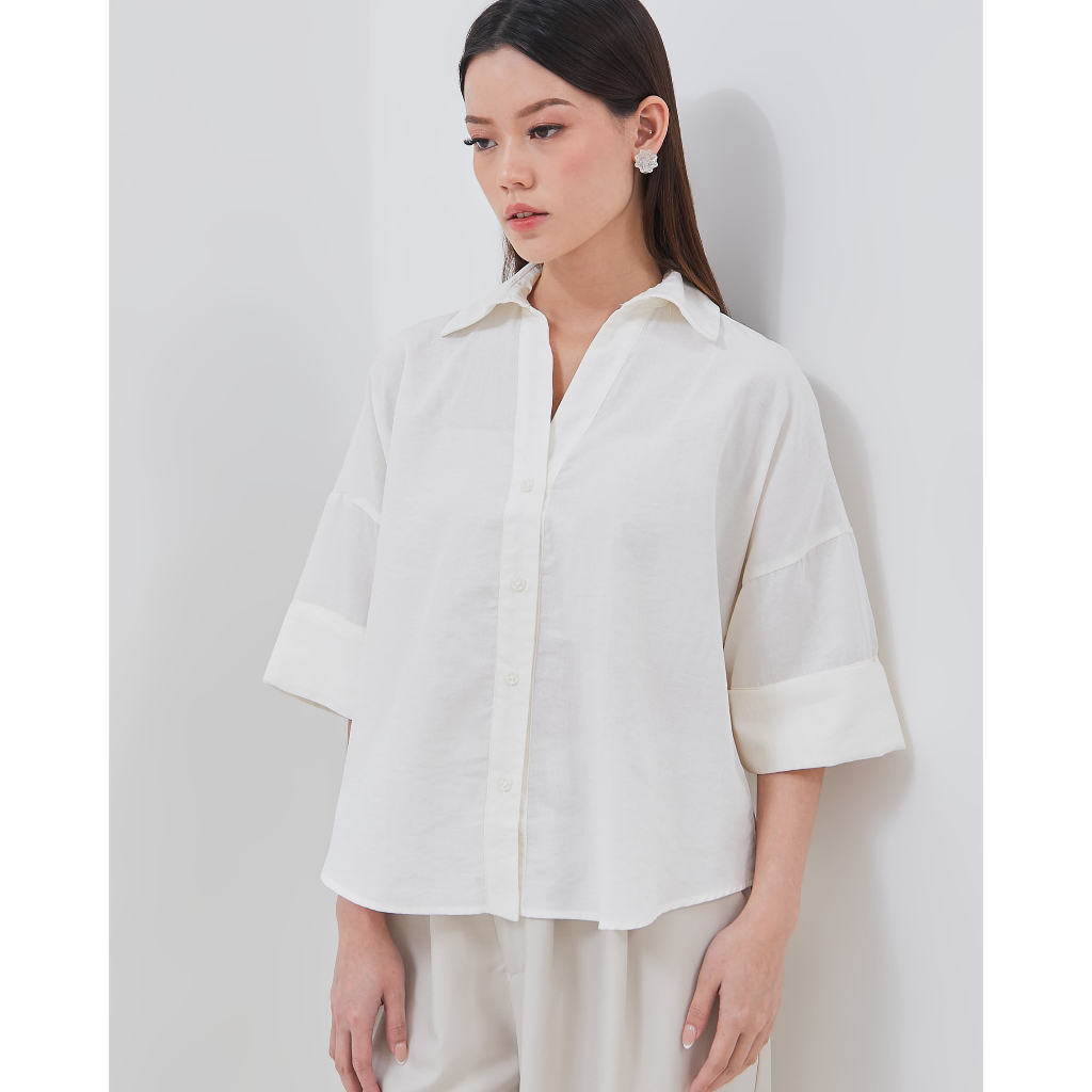 Urban Exchange Shirt Denada White - Atasan Kemeja Loose fit Katun Wanita Putih
