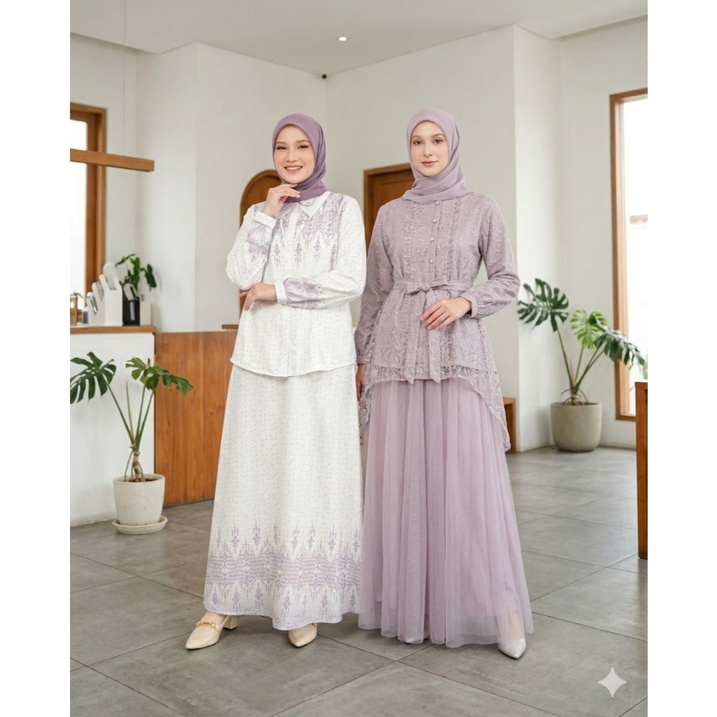 ONE SET BRUKAT TILE MEWAH ATASAN BLOUSE SET BAWAHAN ROK TUTU WANITA DEWASA REMAJA WARNA UNGU LILAC K