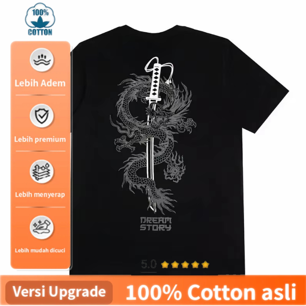 Kaos Sablon Naga & Pedang Katana - 100% Katun Premium Adem Nyaman