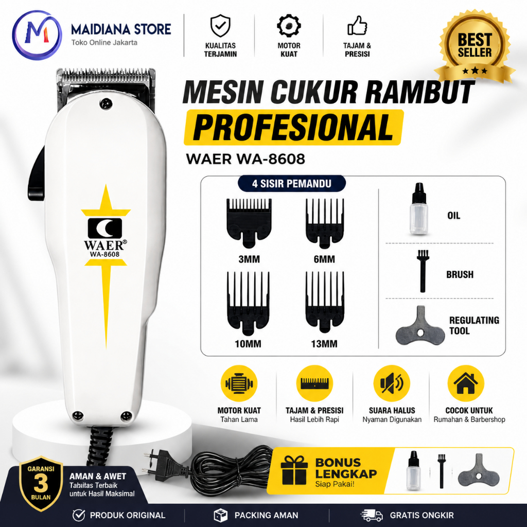 WAER 8808 Mesin Cukur Rambut Babershop Salon Profesional. Alat Cukur Rambut Listrik 1set Komplit