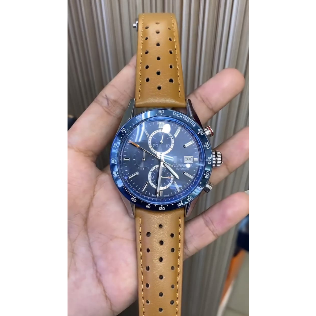 New jam tangan pria Tag her Carrera Calibre 16 chronograph leather strap 41MM