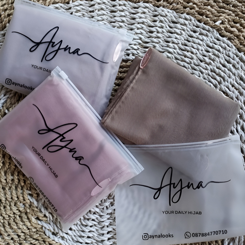 minimal 50pcs pouch hijab custom / FREE SABLON / packaging custom / plastik sablon / zipper hijab / 