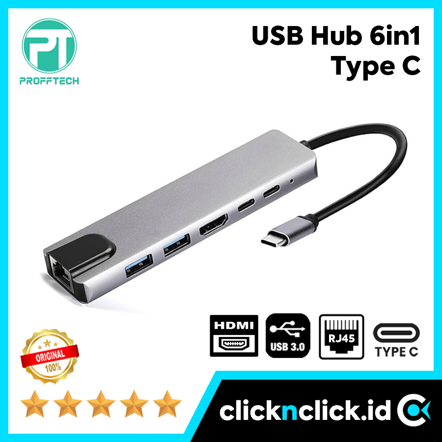 PROFFTECH - USB Hub 6in1 Type C to HDMI+LAN RJ45+USB 3.0+Tipe C PD Power Delivery Adapter Splitter S
