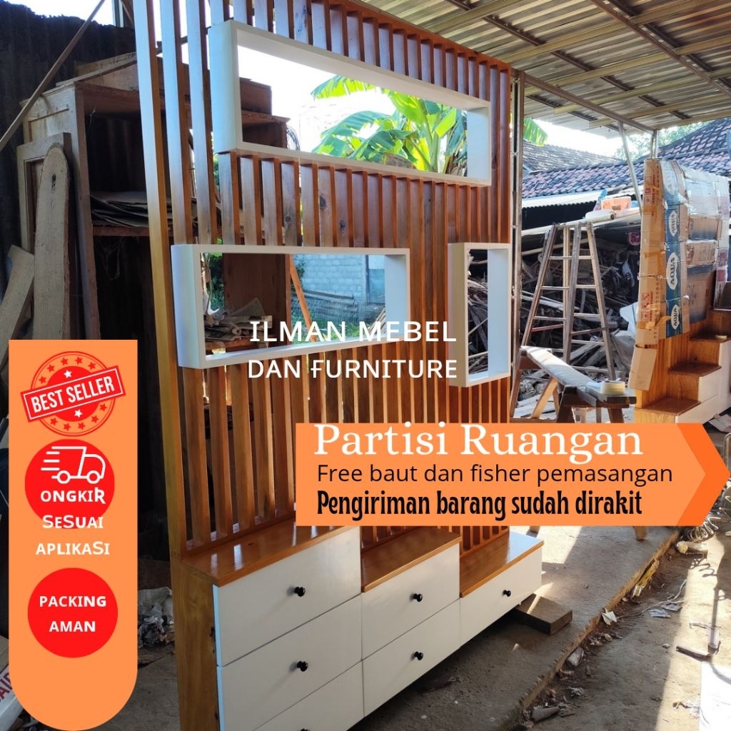 partisi sekat ruangan minimalis box laci kayu solid anti lapuk