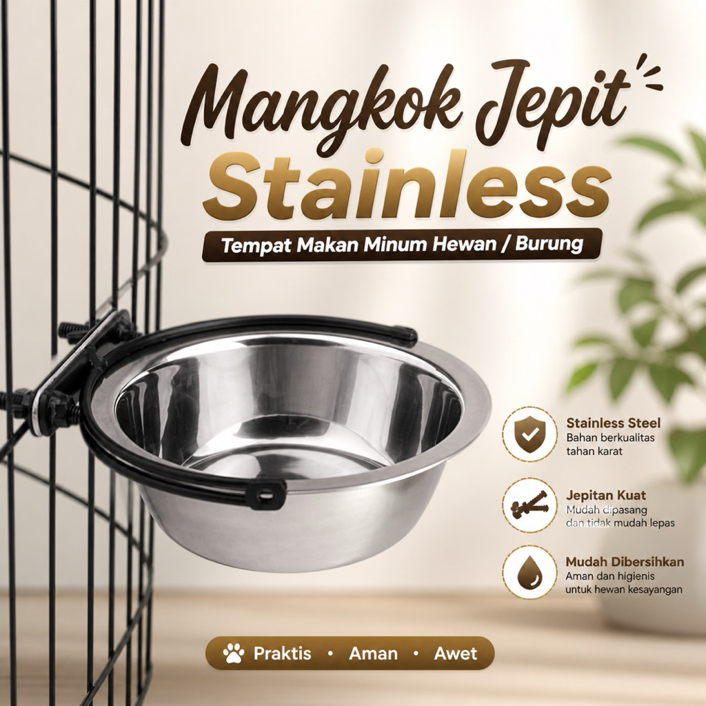 TEMPAT MAKAN STAINLESS MANGKOK M JEPIT BURUNG ANJING KUCING KELINCI AVR-RX-0086
