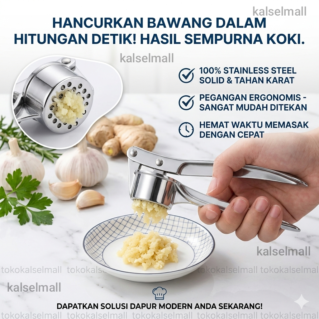 Alat Penghancur Penghalus Pemotong Bawang Putih Merah Peras Jahe Kunyit Stainless Steel Garlic Press