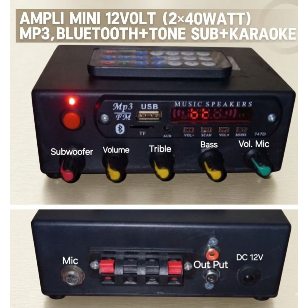 POWER AMPLIFIER / AMPLI MINI 12 VOLT 40x2 Watt (MP3+ BLUETOOTH+ TONE STERIO+ SUBWOOFER+MIC KARAOKE)