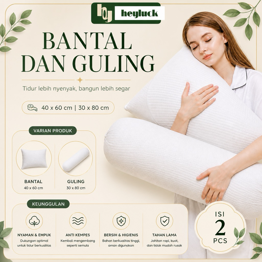 (1 Set) Bantal Guling Dewasa Putih Bahan  Empuk Anti Kempes Garansi 1 Tahun – heyluck Heyluck.Stock