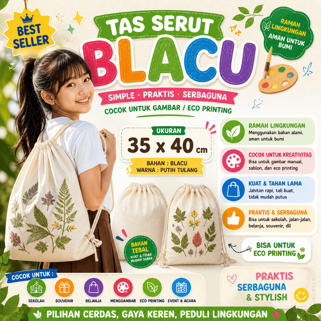 Tas Serut Blacu Serut Kanvas / Tas Serut Lukis / Tas Eco Painting Sablon ( BISA INSTANT ) Produk TJM