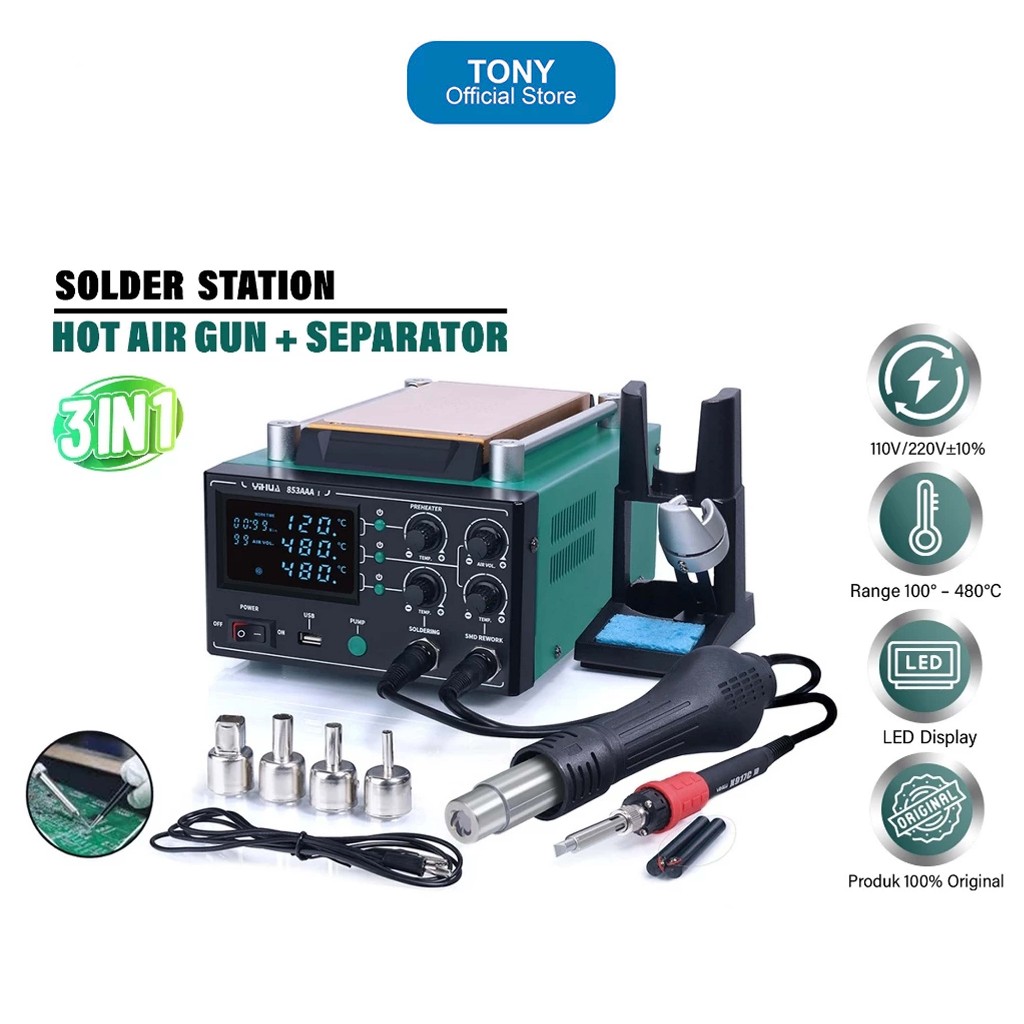 YIHUA 853AAA-I  BLOWER  SOLDER SEPARATION 110W GREEN CASE ORIGINAL - YIHUA 3IN1 BLOWER+SEPARATOR+SOL