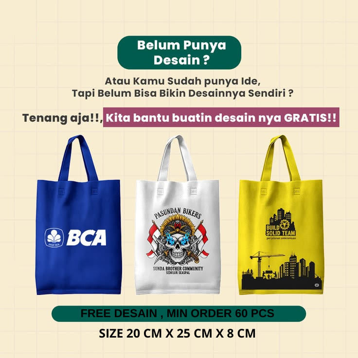 [ PAKET 60 PCS ] KUSTOM SABLON TLS 20 / TAS SPUNBOUND SABLON / 20X25X8 CM / TAS BELANJA / TAS SOUVEN