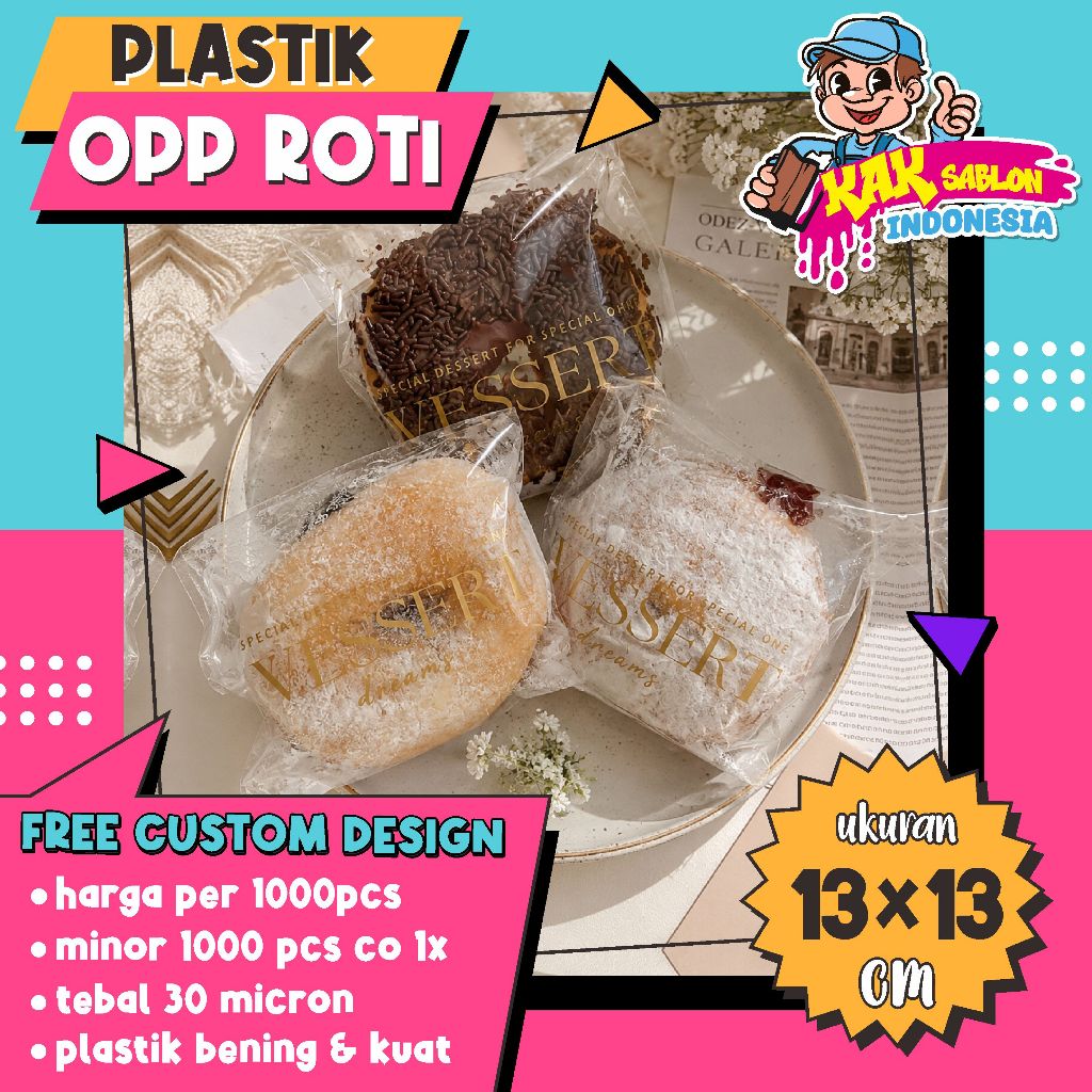 Plastik OPP Sablon 13x13 1000pcs, Sablon Plastik Opp Roti Bakery, Sablon Plastik Kemasan, Sablon Pla