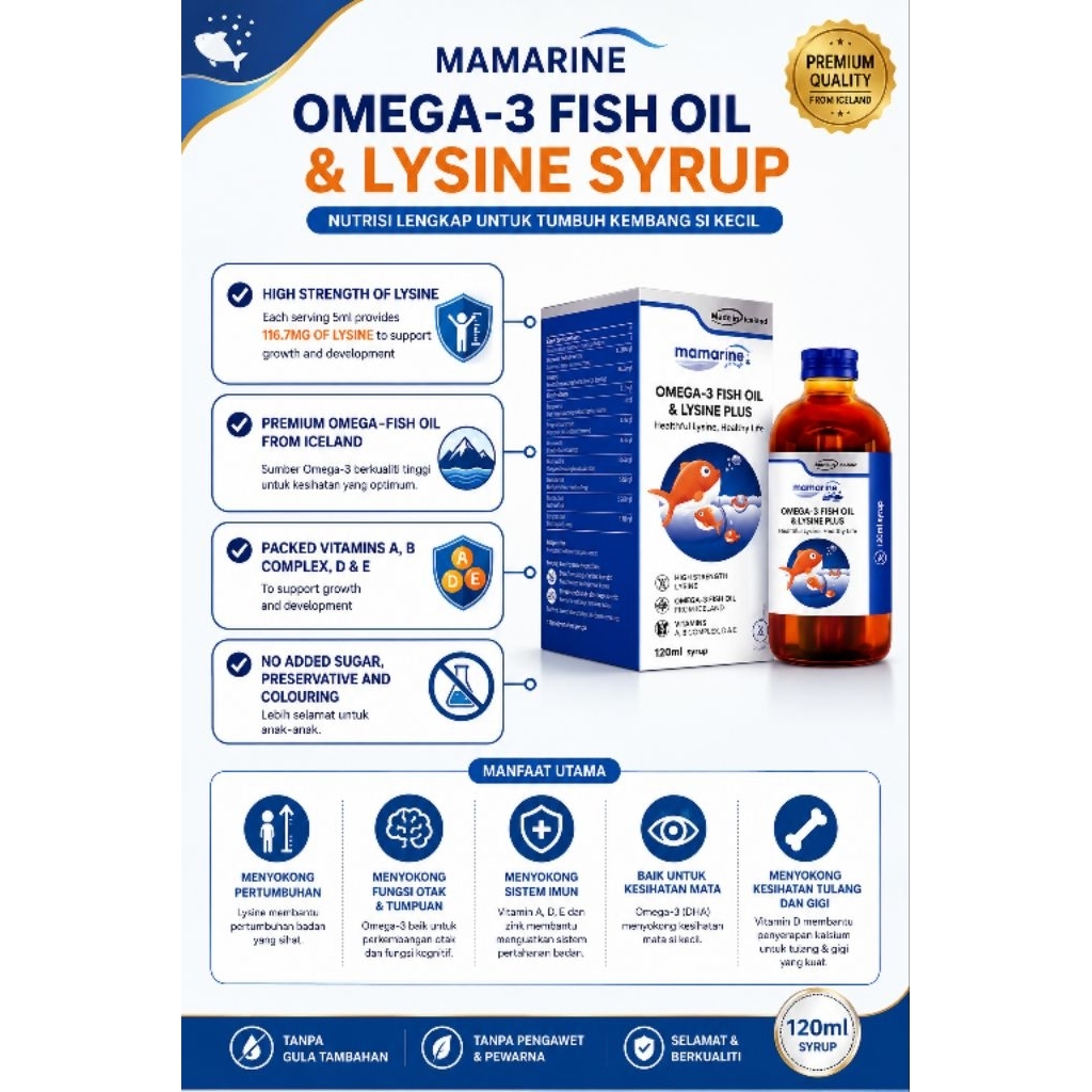 MAMARINE SYRUP - Omega 3, Lysine, & Multivitamin - Original Malaysia