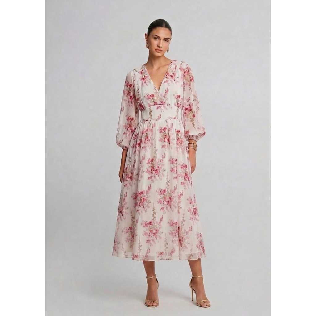 Floral Print V Neck Chiffon A Line Maxi Dress  - Dress Sifon Korea Style Lengan Balon Motif Bunga
