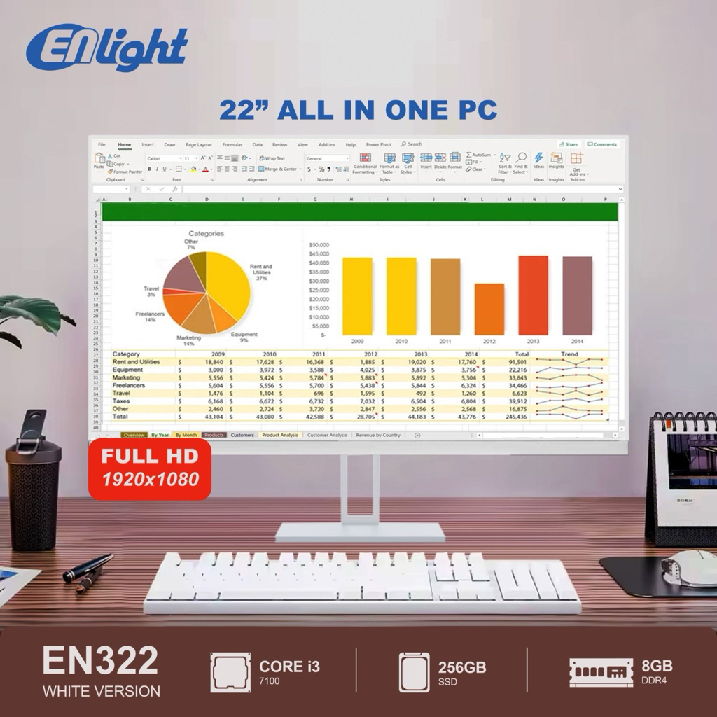 PC AIO ENLIGHT EN322 (22"") Include i3-7100, SSD 256GB, RAM DDR4 8GB / Support intel i3-i7 Gen 6-9 /