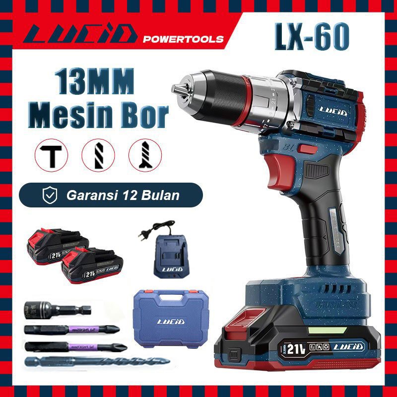LUCID LX-60/LX-50 Brushless Mesin bor 13MM 2.0A 21V/18V Lithium Battery Bor Listrik Impact Multifunc