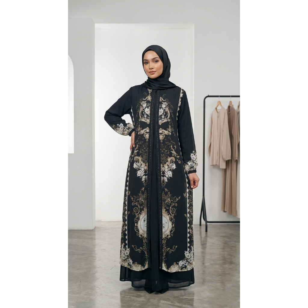 abaya rompi motif bunga hitam