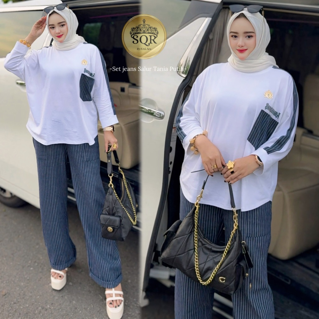 One Set Jeans Tania Putih Uni Ara | One Set Uni Ara | One Set Wanita Kekinian | Setelan Celana Tania