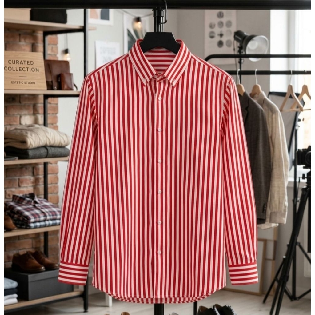 Kemeja Salur Pria Stripe Lengan Panjang Cowok Premium Distro Hem Garis Belang Merah Baju Strip
