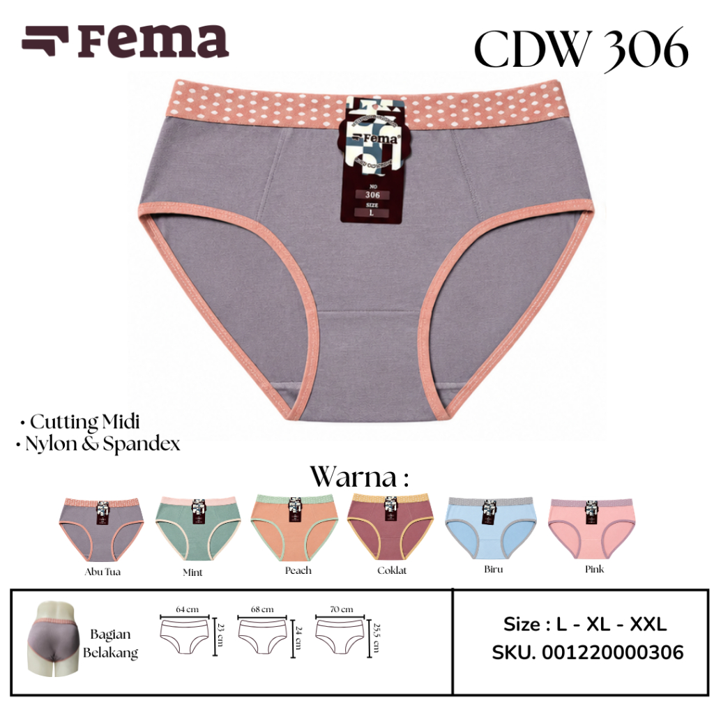 FEMA Official Shop 3,6,12 pcs CD Wanita 306 Polkadot Warna Kalem Bahan Nylon Spandex