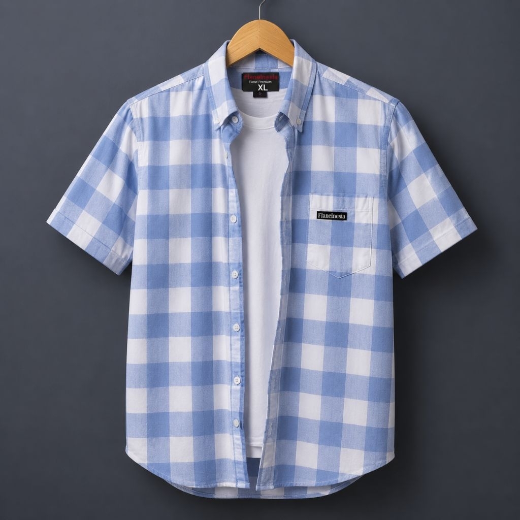 Kemeja Flanel Pria Premium Lengan Pendek Kotak Biru Putih – Casual Korea Style