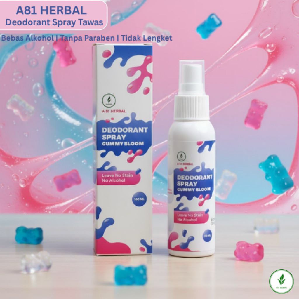 Abi Herbal Deodorant Spray Aroma Gummy Bloom - Tawas Alami, Non Alkohol