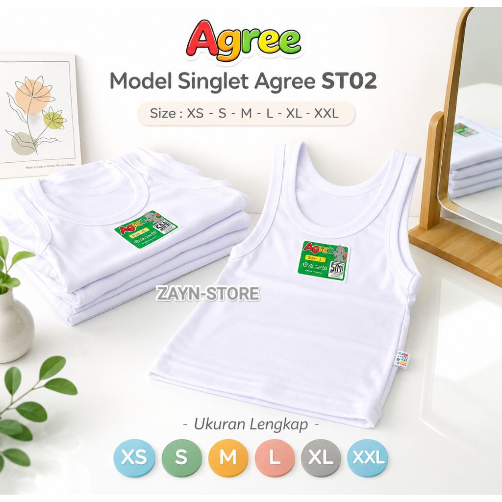 [ 6 Pcs ] Singlet Kaos Dalam Anak Laki Perempuan Merk Agree ST06 / ST02 /SF 09 /SF 040 Warna Putih &