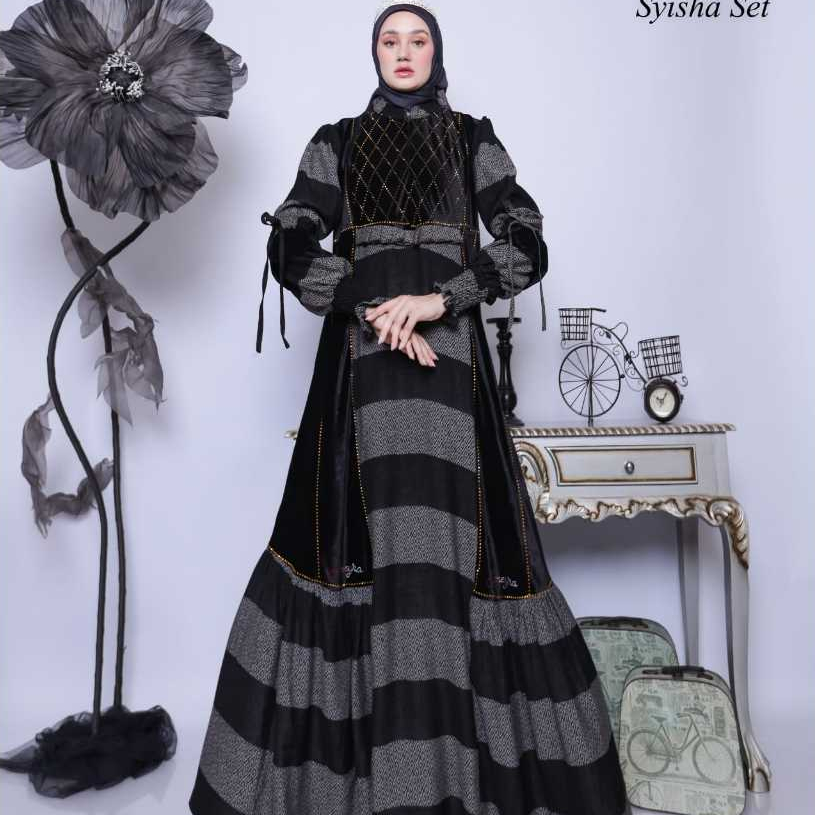LUXURY SYARI SYSHA SET BY ALMEYRA PREMIUM GAMIS PESTA MEWAH ELEGANT EDISI IDUL FITRI ACARA KELUARGA.