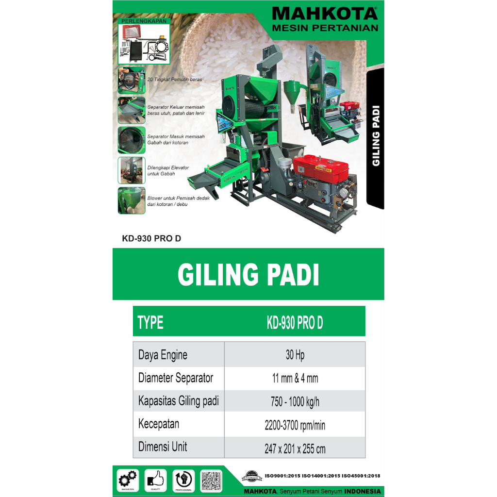 Mesin Giling Padi Mahkota Penggiling Padi Mahkota KD 930 PRO D Gilingan Padi Kapasitas 1 Ton Per Jam