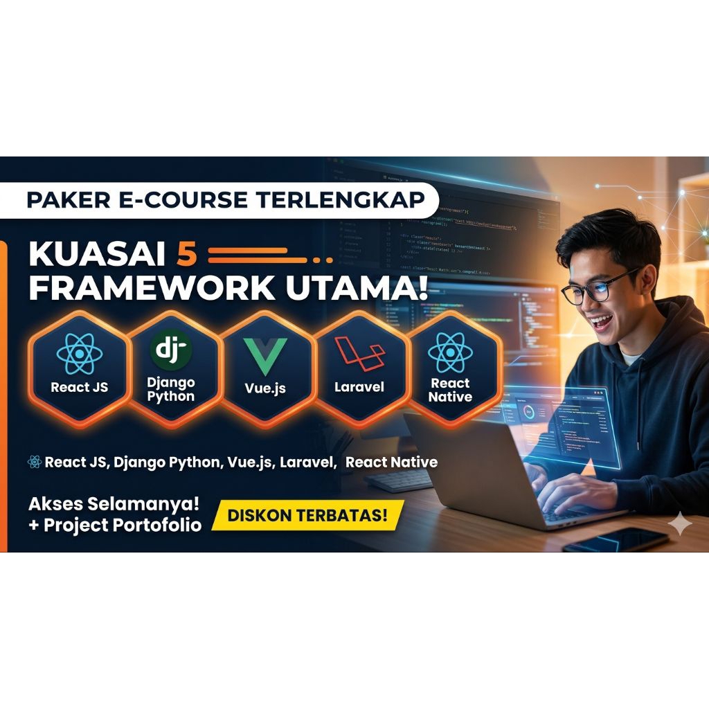 Paket E-Course Belajar Pemograman React Js, Django Python, Vue JS, Laravel, dan React Native