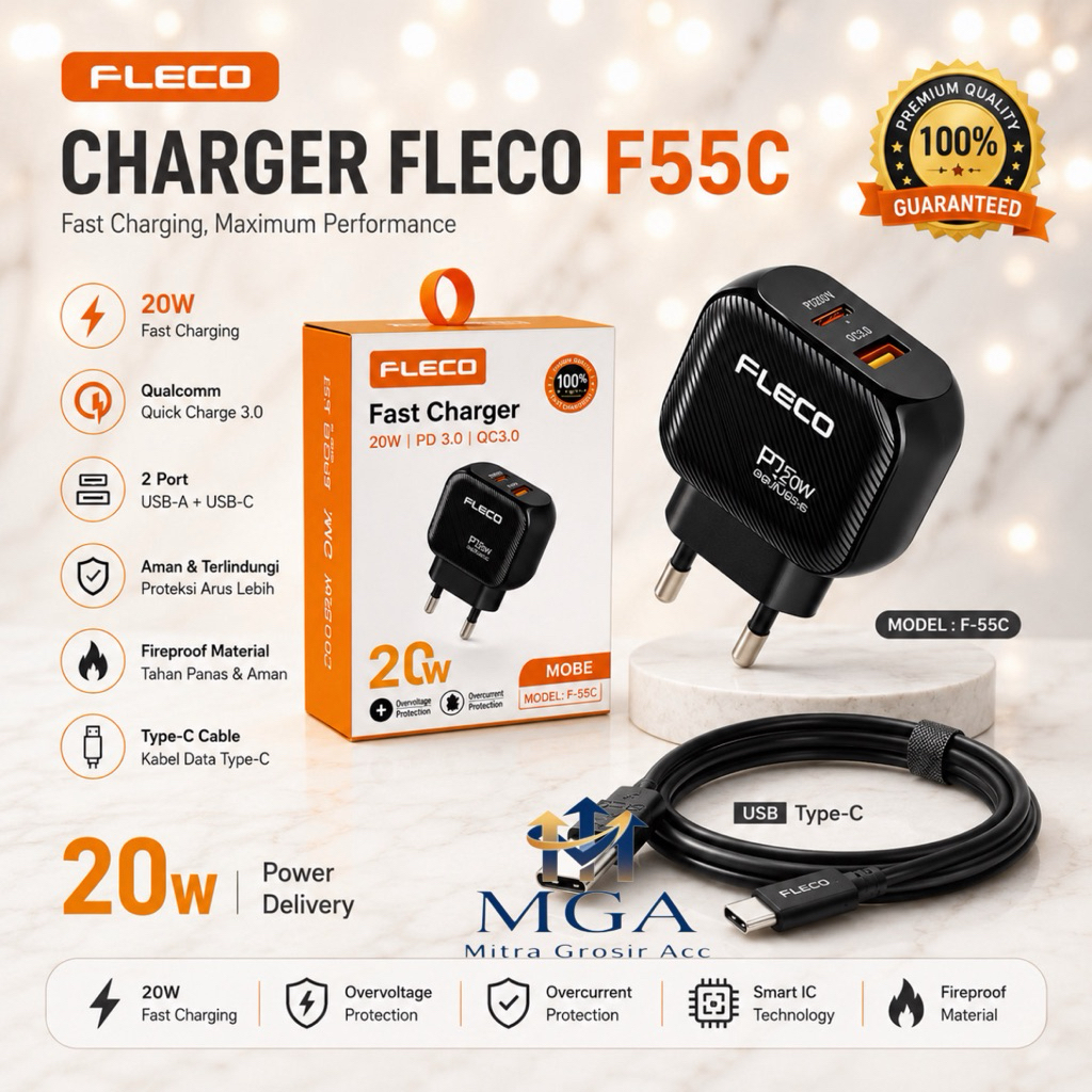 MGA - Charger Fleco F55C 20W 2Port Charger Super Fast Charging