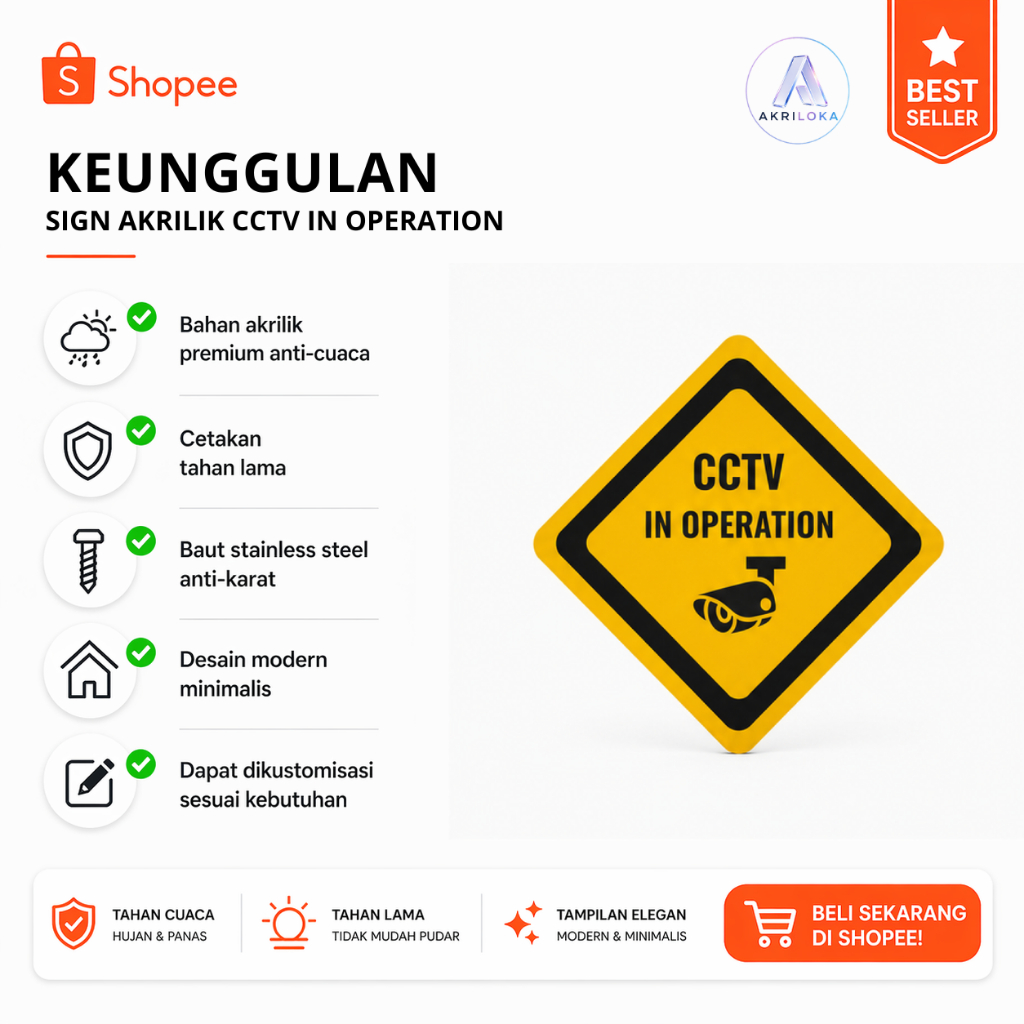 Papan Peringatan CCTV Akrilik – Sign "CCTV In Operation" Estetik untuk Keamanan Rumah & Kantor