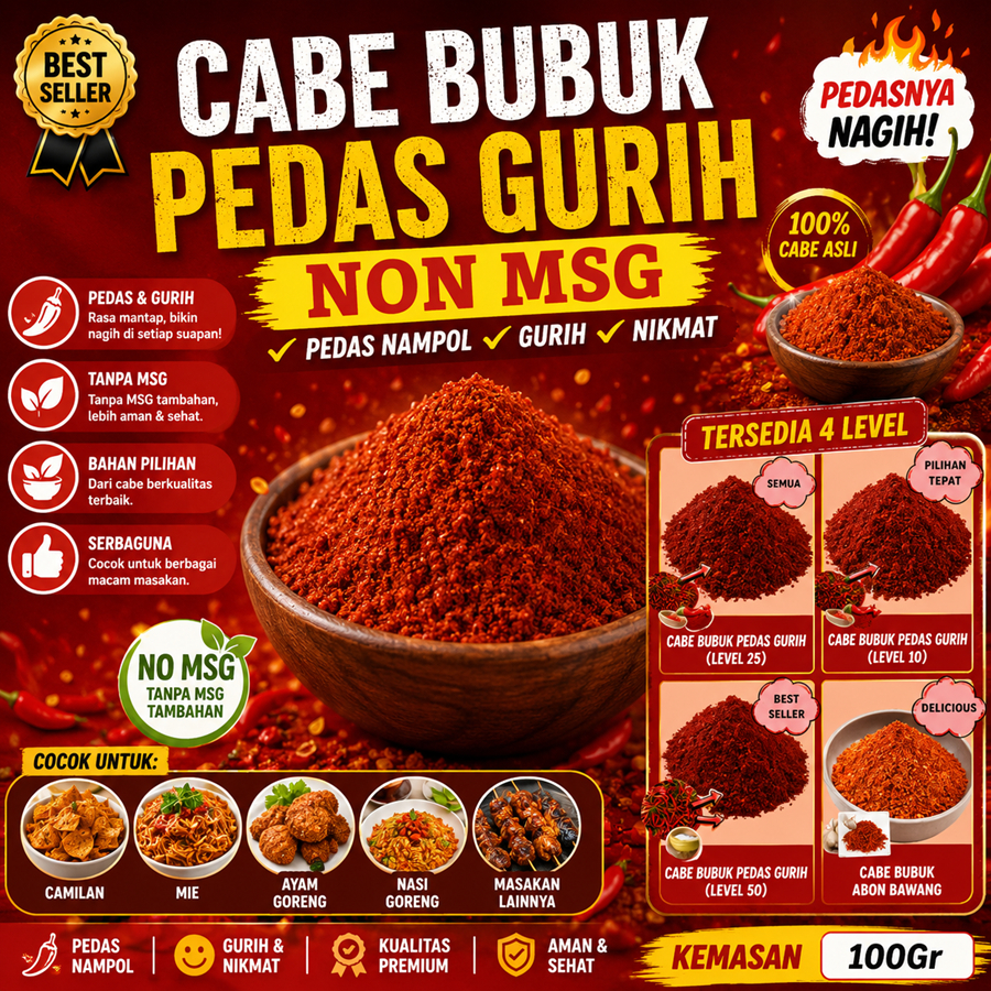 Bubuk Cabe Non MSG Cabe Bubuk Super Pedas Gurih Asin Kering No Level Aida Bon Hijau Ijo Murah Enak