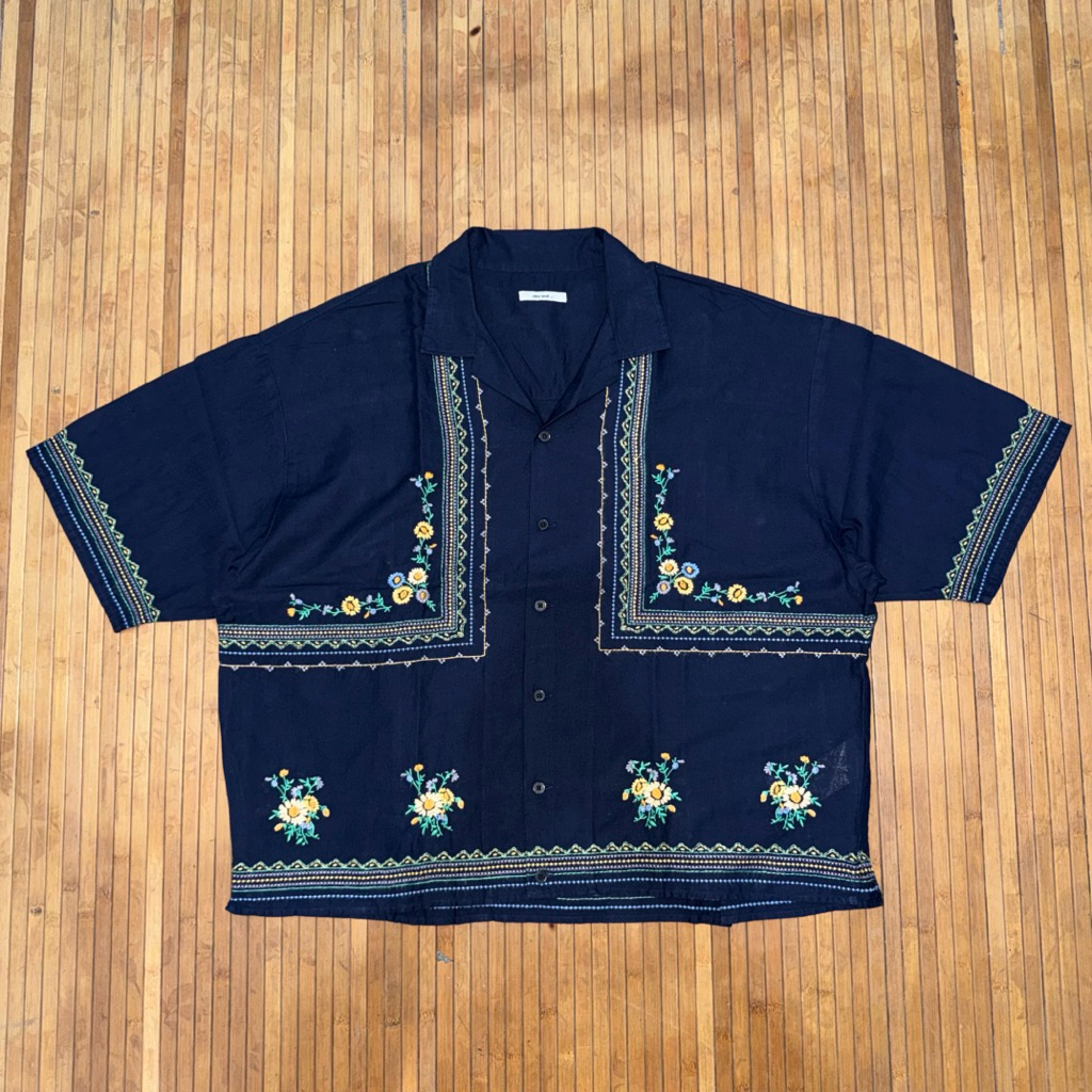 JAPANESE BRAND UNISEX NIKO AND ... STREETWEAR OVERSIZED DARK NAVY EMBROIDERY FLOWERS PATTERN SHORT S